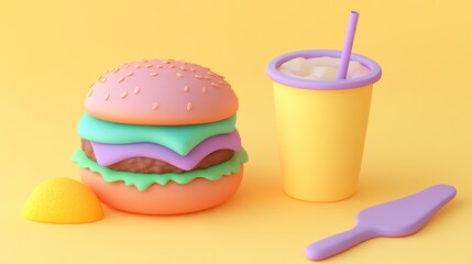 Pastel burger, shake, fries; yellow background; fast food meal; menu design