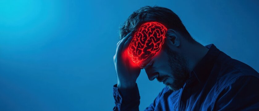 Adult white man with glowing red brain holding his head in pain, concept of headache, migraine, neurological disorder, and mental health issues