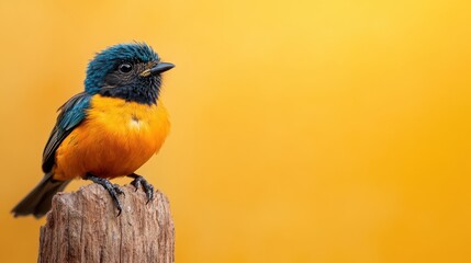 A colorful bird displaying bold blue and orange feathers, perched confidently in a lively environment, portraying the beauty of avian life with vivid colors and charm.