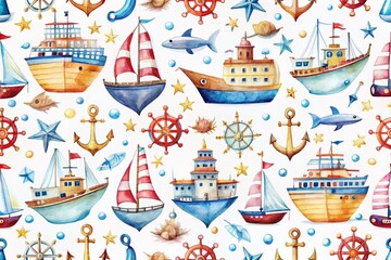 Watercolor Ships & Anchors Seamless Pattern: Nautical Drone Aerial View