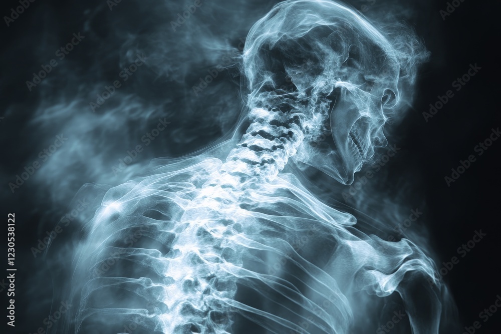 Aufkleber x-ray view of a human skeleton showcasing the spine and skull in a detailed anatomical display durin