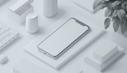 Smartphone mockup on white background with minimalist objects.