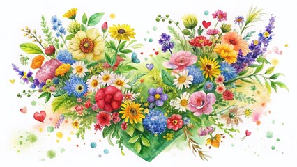 Watercolor Summer Wildflower Wedding Bouquet & Heart Illustration - Right Composition