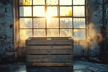 Sunlight Streaming Through Industrial Window onto Wooden Crate