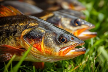Freshly Caught Perch Fish on Grass