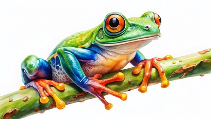 Naklejka premium Watercolor Tree Frog on Branch - Digital Illustration, Nature Art, Design Asset