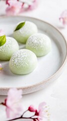 Zen-inspired composition featuring perfectly round matcha mochi with a subtle sakura filling, their muted green hues providing a harmonious contrast to the soft pink cherry blossom garnish