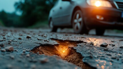Naklejka premium A close-up view of a cracked road with car lights illuminating the scene. The cracks symbolize urban struggle while conveying a sense of motion and impermanence.