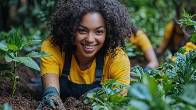Smiling Young Black Woman Gardening in Lush Green Environment