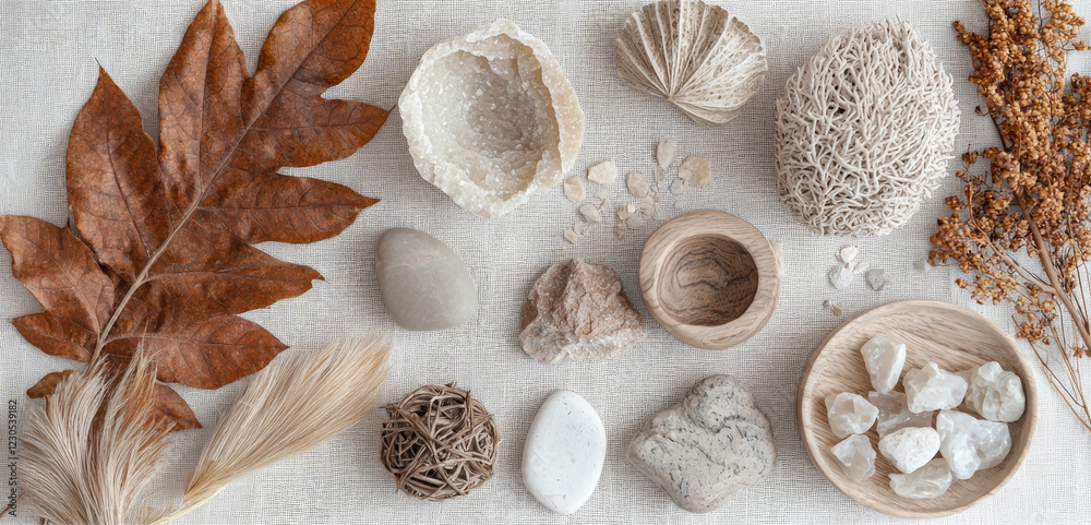 Poster an artistic arrangement of various natural stones and dried plant elements showcases organic shapes 