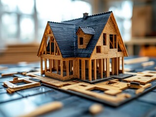 Detailed Wooden House Model on Construction Base with Tools