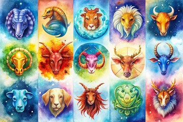 Watercolor Zodiac Signs: Aries, Taurus, Gemini, Cancer, Leo, Virgo, Libra, Scorpio, Sagittarius, Capricorn, Aquarius, Pisces - Astrological Art