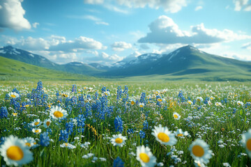 Fototapeta premium Blooming wildflowers flourish in a mountain meadow