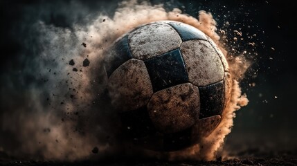 a photo realistic soccer ball as a planet in space with smoke and explosions, digital art