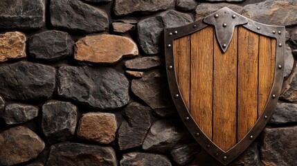 Fototapeta premium Rustic wooden shield mounted on a stone wall, evoking a medieval atmosphere, perfect for historical themes