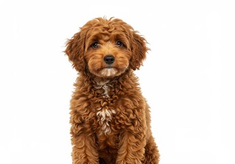 A cute medium sized brown fluffy dog sitting upright with a curly coat and an attentive expression isolated on a white background