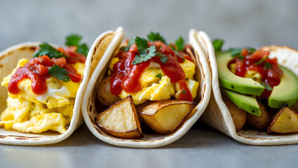 Delicious breakfast tacos filled with scrambled eggs, potatoes, avocado, and salsa for a flavorful morning meal