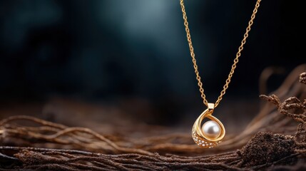 Fototapeta premium The image showcases a simple yet elegant gold pearl pendant hanging gracefully on a textured dark brown backdrop, emphasizing its exquisite design and refined aesthetics.