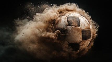 a photo realistic soccer ball as a planet in space with smoke and explosions, digital art