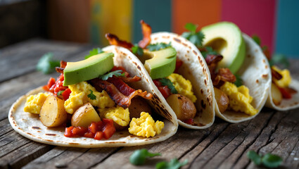 Breakfast tacos with scrambled eggs, bacon, and fresh avocado on wooden table