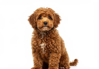 A cute medium sized brown fluffy dog sitting upright with a curly coat and an attentive expression isolated on a white background
