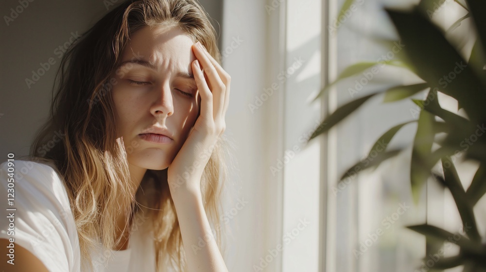 Poster Waves of emotion pass over a woman as she gazes thoughtfully outside. Soft sunlight filters through the window, illuminating her features and creating an atmosphere of introspection