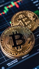 Golden Bitcoin Coins on Stock Market Graph for Cryptocurrency Investment