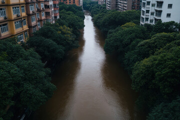 Fototapeta premium A river runs through a city with brown water