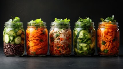 This visually stimulating image showcases a variety of vibrant vegetables housed in glass containers, emphasizing the essence of fresh, healthy eating and colorfulness.