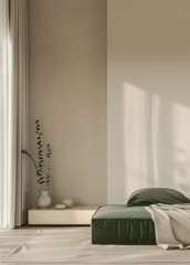 Minimalist bedroom with a green bed. wooden floor. and natural light