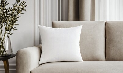 A white pillow sits on a couch in a living room