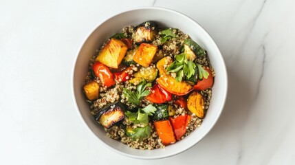 A plain bowl of fresh quinoa topped with roasted vegetables and a light drizzle of olive oil, arranged in a minimalist white bowl, Bowl centered