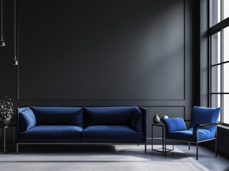 Modern living room interior with black walls. a blue velvet sofa. and armchair. a side table. and a large window