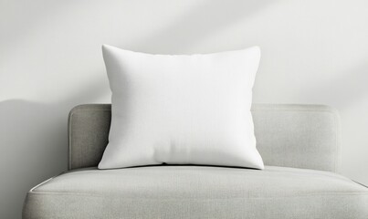 A white pillow sits on a gray couch