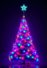 , Christmas tree in cyberpunk style, futuristic nostalgic 80s, 90s. Neon lights vibrant colors , with white tonespng