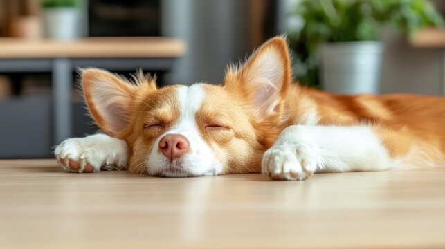 A peaceful dog asleep on a wooden table surface radiates tranquility and comfort, perfect for showcasing pet care concepts and the warmth of companionship.