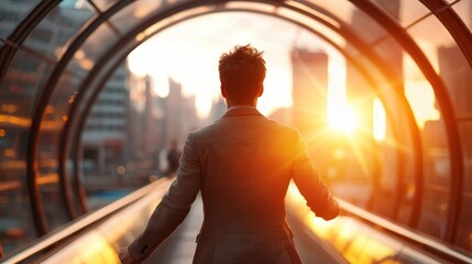 A lone man in a suit walks towards a glowing sunset, symbolizing new beginnings and hope, as the city skyline unfolds in the background. The image conveys purpose and aspiration.