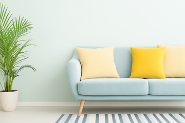 Modern pastel blue sofa with yellow and striped cushions in a stylish home interior, Scandinavian decor, contemporary design, cozy living space, and inviting atmosphere