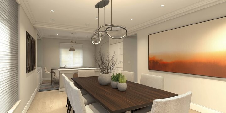 Transitional style dining room showcasing a dark wood dining table, accented by a contemporary chandelier, elegant artwork, and subtle decor, creating a sophisticated and inviting ambiance