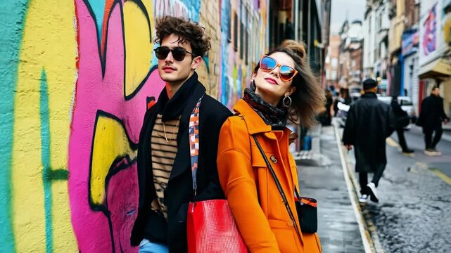 Young man and woman dressed in fashionable outfits stand against colorful street art, showcasing modern style and urban life in a lively city