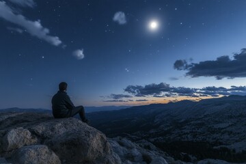Fototapeta premium Stargazer on a Moonlit Mountain