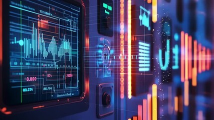 A closeup of a smart meter reading in real time illustrating the energy consumption details of the microfactory with vibrant graphs indicating dips in power usage during offpeak hours. - Powered by Adobe