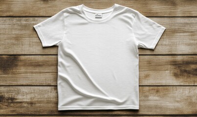 A white t-shirt is laying on a wooden surface