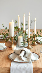 Rustic zero waste wedding decor with natural elements. Wooden table, candles, linen napkins, branches with green leaves , with white tonespng
