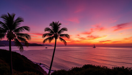 Sunset over ocean with palm trees