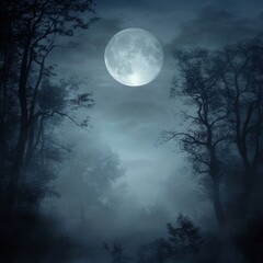 Dark, foggy, mysterious forest. Full moon on the sky. Halloween backdrop. 