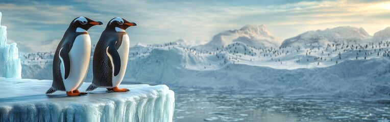 Two penguins are perched on an icy ledge, gazing over a vast frozen landscape as the sun sets, casting a warm glow on the icy terrain. With copy space for text