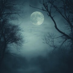 Fototapeta premium Dark, foggy, mysterious forest. Full moon on the sky. Halloween backdrop. 