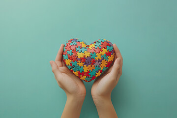 hands hold a multicolored heart assembled from puzzles. solid color love background wallpaper