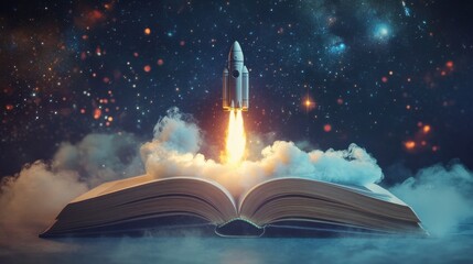 Fototapeta premium An open book with a rocket blasting off into space, concept for education and innovation